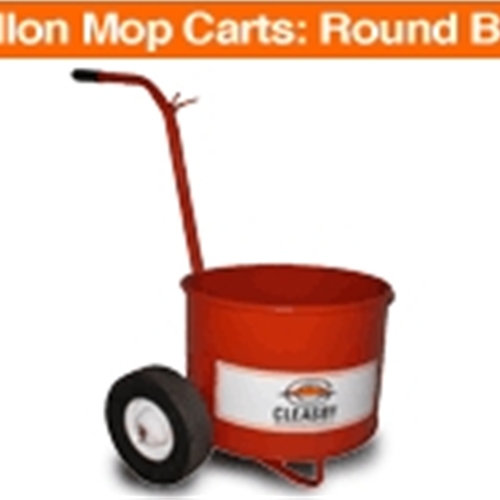 13 gallon mop carts: round bucket with 7" steel wheels.