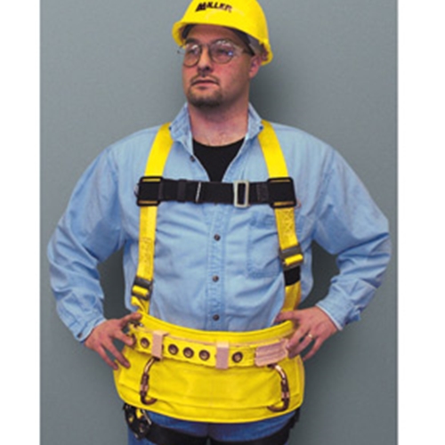 derrick harness - "bellybuster" harness w/permanently-attached belt; rigid abdomen pad; built-in auto-lock carabiners - size large